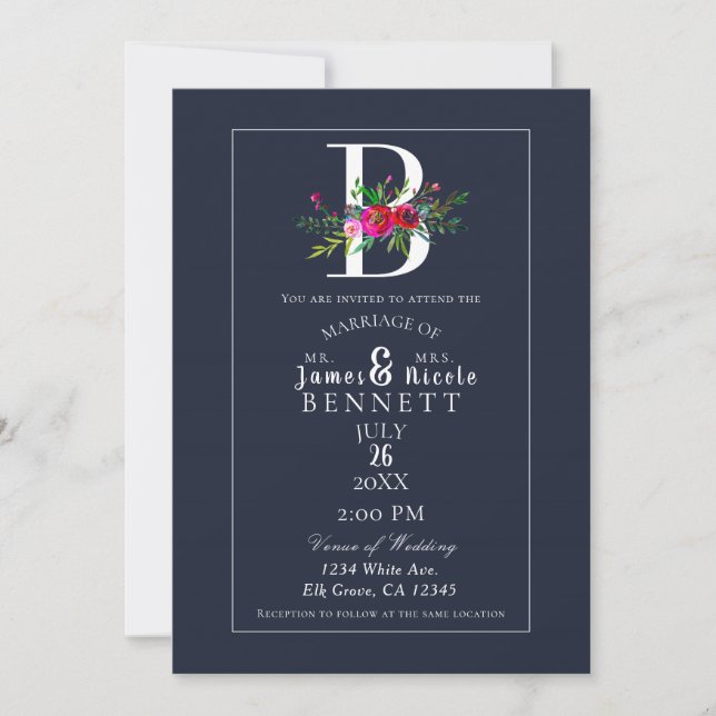 Invitación B Monograma Último Boda floral azul moderno inicia (Anverso)
