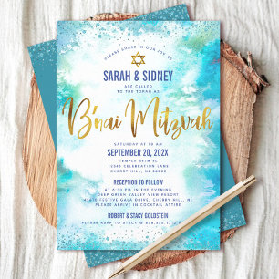 Invitación B’nai Mitzvah Oro Turquesa Acuarela 2 lugares