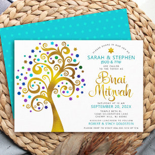 Invitación B’nai Mitzvah Turquesa Hoja de Oro Árbol de la Vid