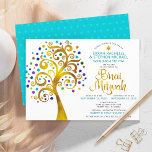 Invitación B’nai Mitzvah Turquoise Gold Tree of Life 2 Date<br><div class="desc">¡Estén orgullosos, regocijaos y exhiban este hito de su favorito B’nai Mitzvahs! Este gráfico árbol de Relieve metalizado dorado falso con estrella de David brillante, turquesa, verde azulada, morada y azul y "hojas" de punto sobre un fondo blanco es la invitación perfecta para esta ocasión especial. En la parte trasera...</div>