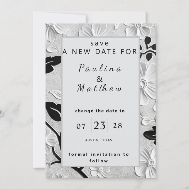 Invitación B & W Florals Cambiar la fecha del Boda (Anverso)
