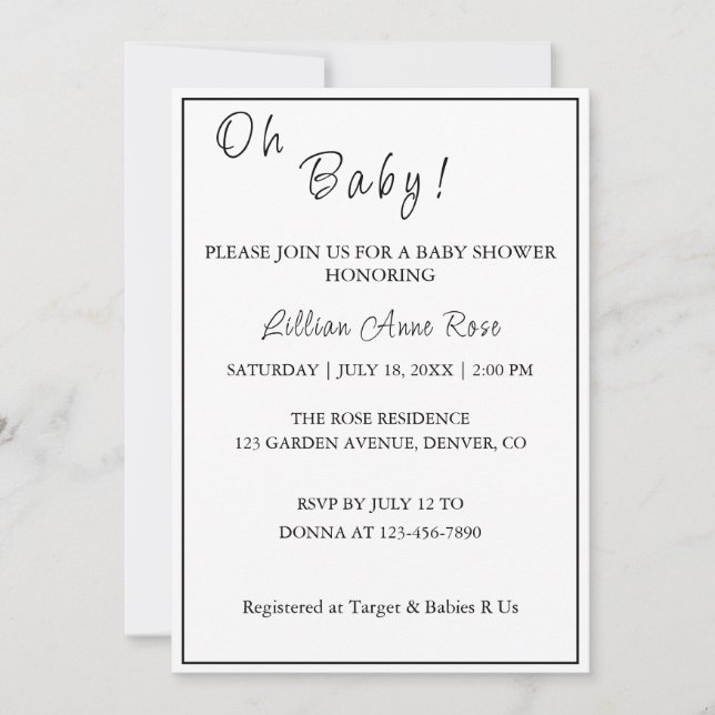 Invitación B&W Minimalista personalizado ¡Oh bebé! Ducha (Anverso)