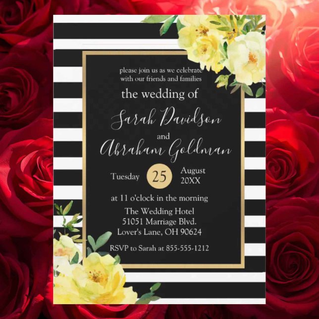Invitación B+W Rayas Flores | Rosas Amarillas Boda  (Subido por el creador)