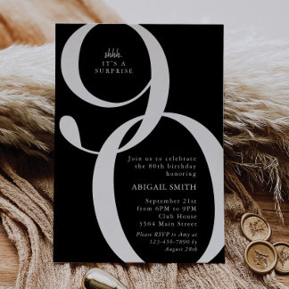 Invitación B & W Shh It's a Surprise 90th Birthday Party