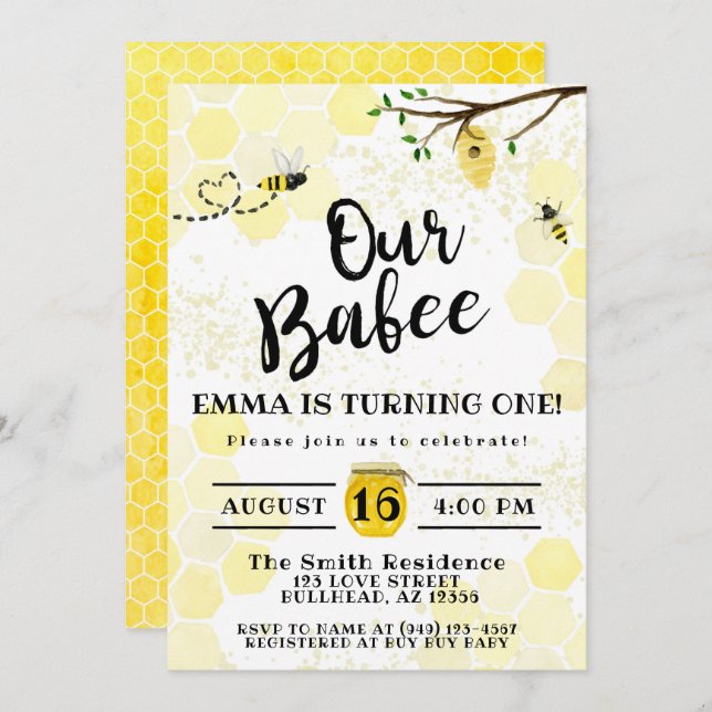Invitación Ba-Bee Honeycomb Bumble Bee Primer cumpleaños (Anverso / Reverso)