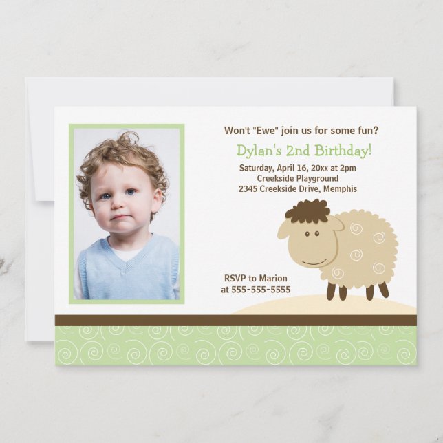 Invitación Baa Baa Sheep Green *FOTO* Cumpleaños 5x7 (Anverso)