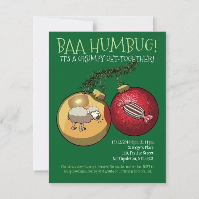 Invitación Baa Humbug Baubles Navidades Oveja y Personalizado (Anverso)