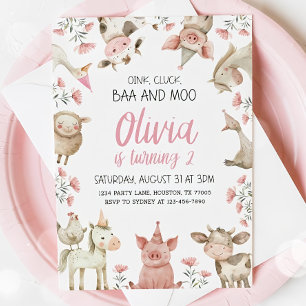 Invitación Baa Oink Moo Cumplo Dos Invitación, Granja Niña 2d