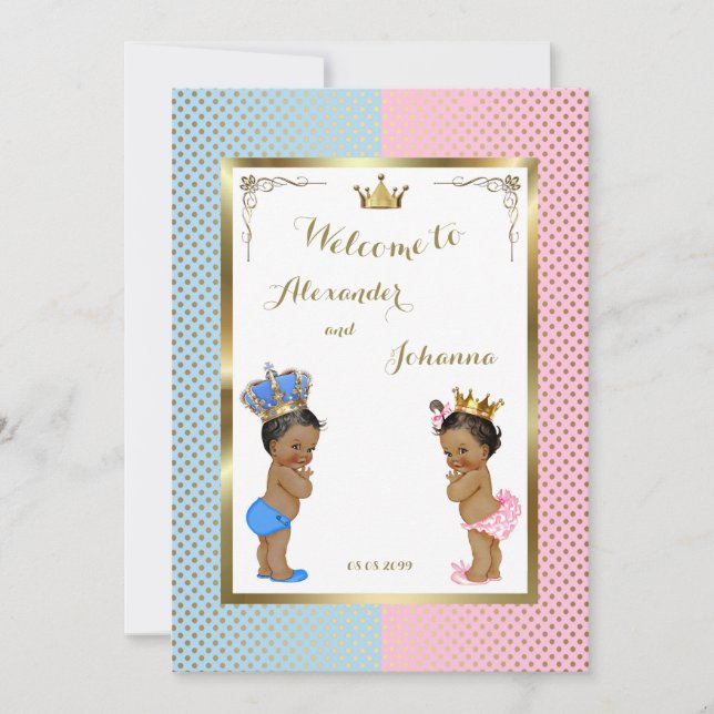 Invitación Babies Shower TWINS,color azul rosa,elegante fondo (Anverso)