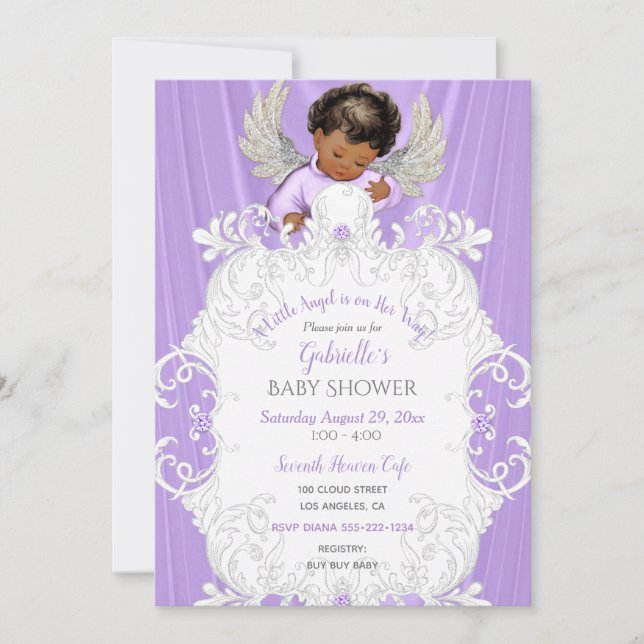 Invitación Baby Angel Lavender Silver Tono de piel oscura (Anverso)