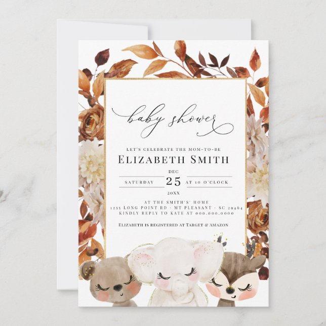 Invitación Baby Animal Fall Animals Floral Baby Shower (Anverso)