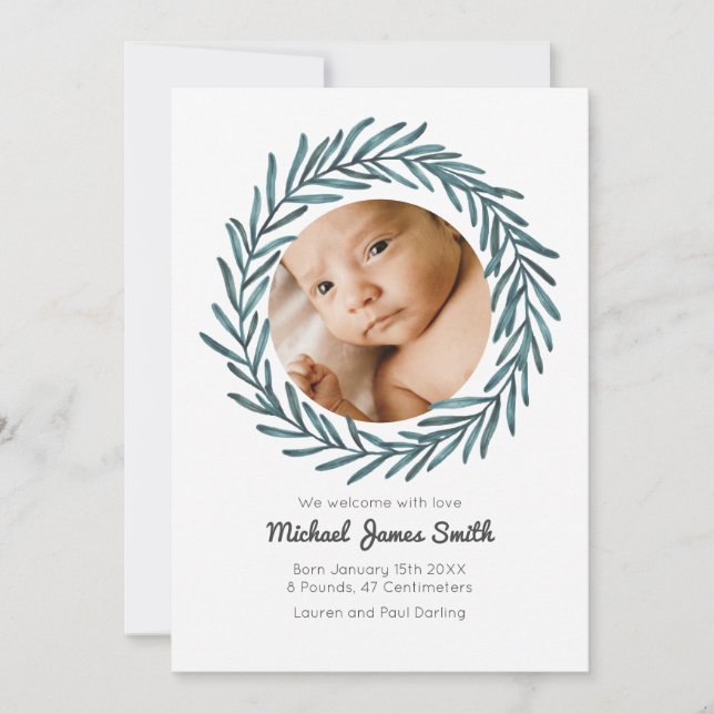 Invitación Baby Announcement Photo Card Wreath Baby greenery (Anverso)