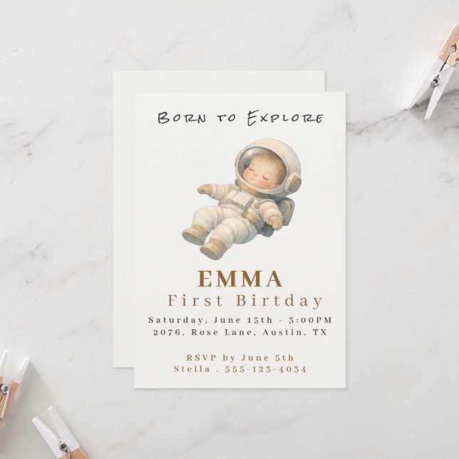 Invitación Baby Astronaut First Birthday Flat Invitation Card (Anverso/Reverso In Situ)