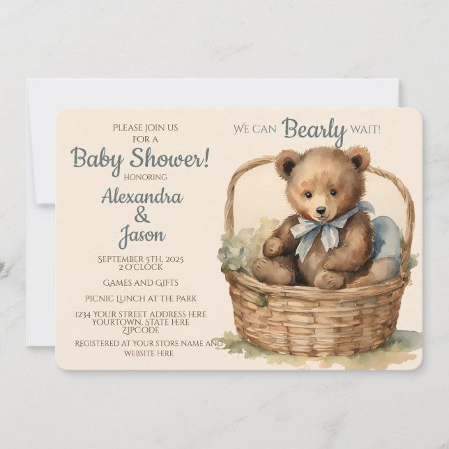 Invitación Baby Bear Boys Bearly Wait Baby Shower (Anverso)