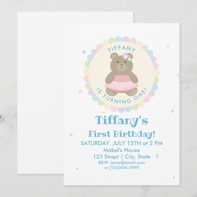 Invitación Baby Bear Cub Ballerina Chica Primera Fiesta de Cu (Anverso / Reverso)