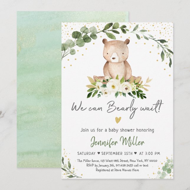 Invitación Baby Bear Greenerenery Gold Floral Baby Shower (Anverso / Reverso)