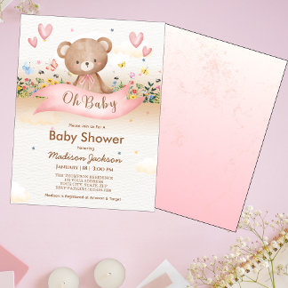 Invitación Baby Bear Wildflowers Chica de Baby Shower