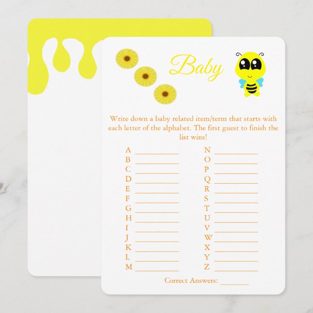 Invitación Baby Bee | Baby Shower Game Card Flyer de ABC (Anverso / Reverso)