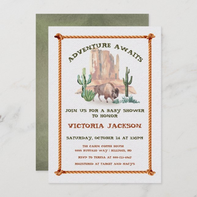Invitación Baby Bison Buffalo Western Landscape Baby Shower (Anverso / Reverso)