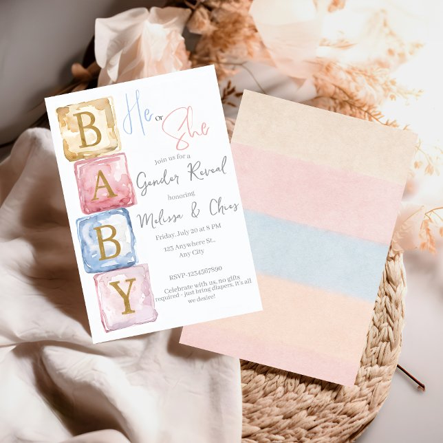 Invitación Baby Blocks Gender Reveal He or She baby shower (Subido por el creador)