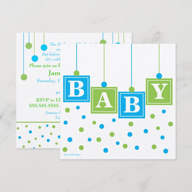 Invitación BABY bloquea Blue Green Boy Baby Shower - PERSONAL (Anverso / Reverso)