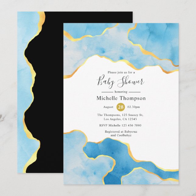 Invitación Baby Blue and Gold Agboy Baby Shower (Anverso / Reverso)