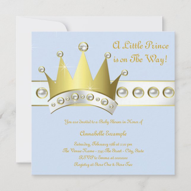 Invitación Baby Blue and Gold Prince Baby Shower (Anverso)