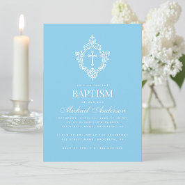 Invitación Baby Blue Boy Baptism Cross Crest Elegant Vintage