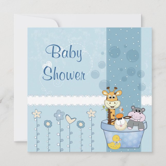 Invitación Baby Blue Dots Animals Flores Baby Shower (Anverso)