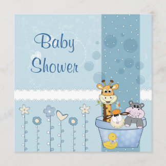Invitación Baby Blue Dots Animals Flores Baby Shower