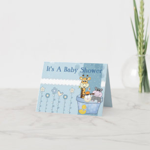 Invitación Baby Blue Dots Animals Flores Baby Shower