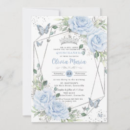 Invitación Baby Blue Floral Butterflies Silver Quinceanera