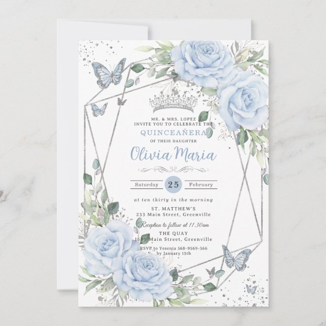 Invitación Baby Blue Floral Butterflies Silver Quinceanera (Anverso)