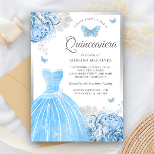Invitación Baby Blue Floral Butterfly Plata Quinceañera