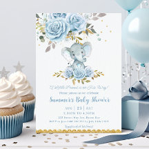 Baby Blue Floral Cute Elephant Boy Baby Shower