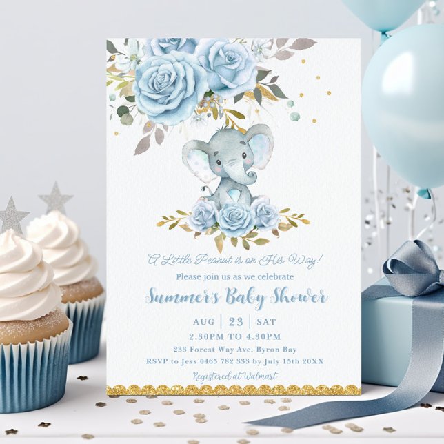 Invitación Baby Blue Floral Cute Elephant Boy Baby Shower (Subido por el creador)