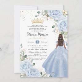 Invitación Baby Blue Floral Princess Gown Quinceañera Quince