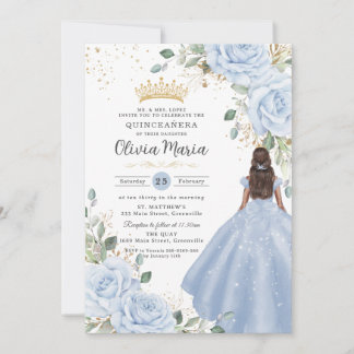 Invitación Baby Blue Floral Princess Gown Quinceañera Quince
