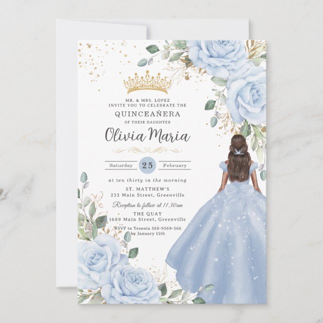 Invitación Baby Blue Floral Princess Gown Quinceañera Quince (Anverso)