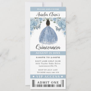 Invitación Baby Blue Floral Quinceanera Sweet 16 VIP Ticket