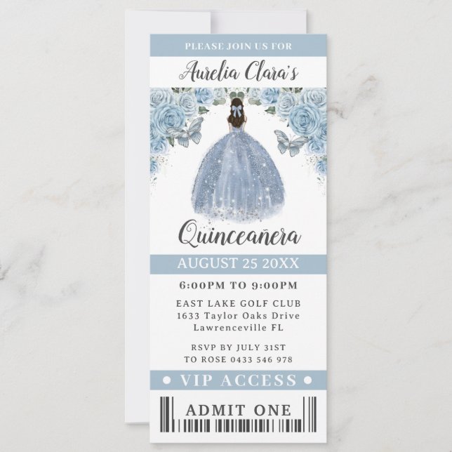 Invitación Baby Blue Floral Quinceañera Sweet 16 VIP Ticket (Anverso)