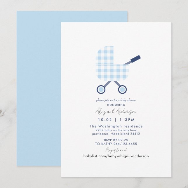 Invitación Baby Blue Gingham Baby Shower (Anverso / Reverso)