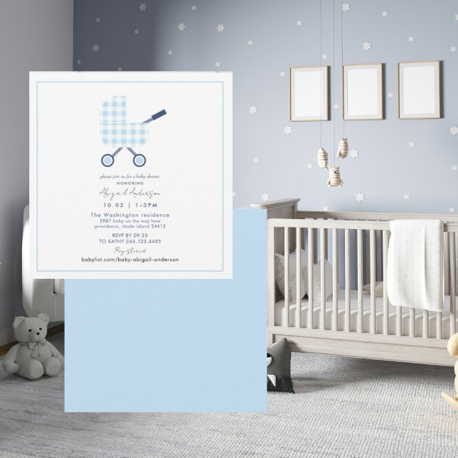 Invitación Baby Blue Gingham Pram Baby Shower Square (Subido por el creador)