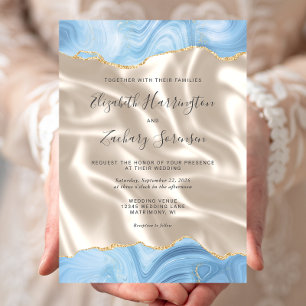 Invitación Baby Blue Gold Agate Boda de marfil