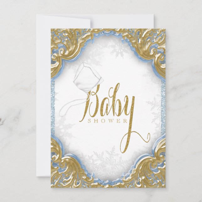Invitación Baby Blue Gold Boy Snowflake Baby Shower (Anverso)