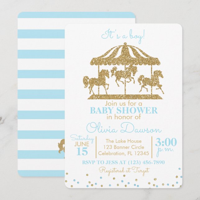 Invitación Baby Blue & Gold CarousBoy Baby Shower (Anverso / Reverso)