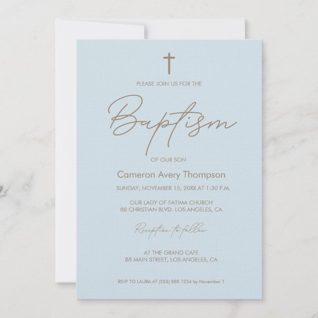 Invitación Baby Blue Gold Cross tipografía moderna script  (Anverso)