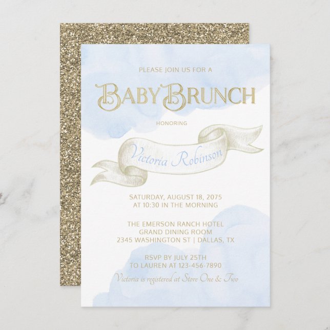 Invitación Baby Blue Gold Watercolor Boy Baby Shower Brunch (Anverso / Reverso)