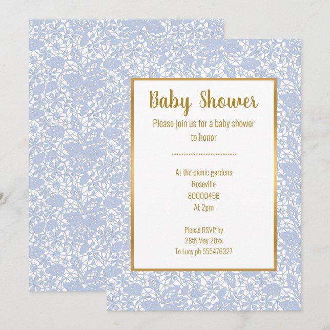 INVITACIÓN BABY BLUE LACE GOLD TRIM ELEGANT BABY SHOWER (Anverso / Reverso)