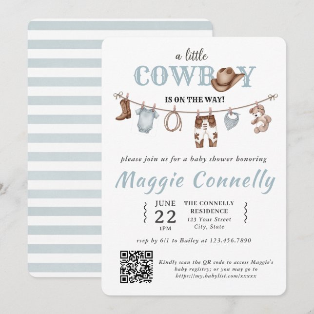 Invitación Baby Blue Little Cowboy is on the Way (Anverso / Reverso)